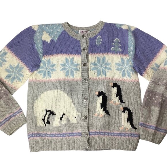 Vtg Hand Knit Skyr Cardigan Sweater Nordic Fair Isle Penguin Polar Bear Reindeer - Picture 7 of 11